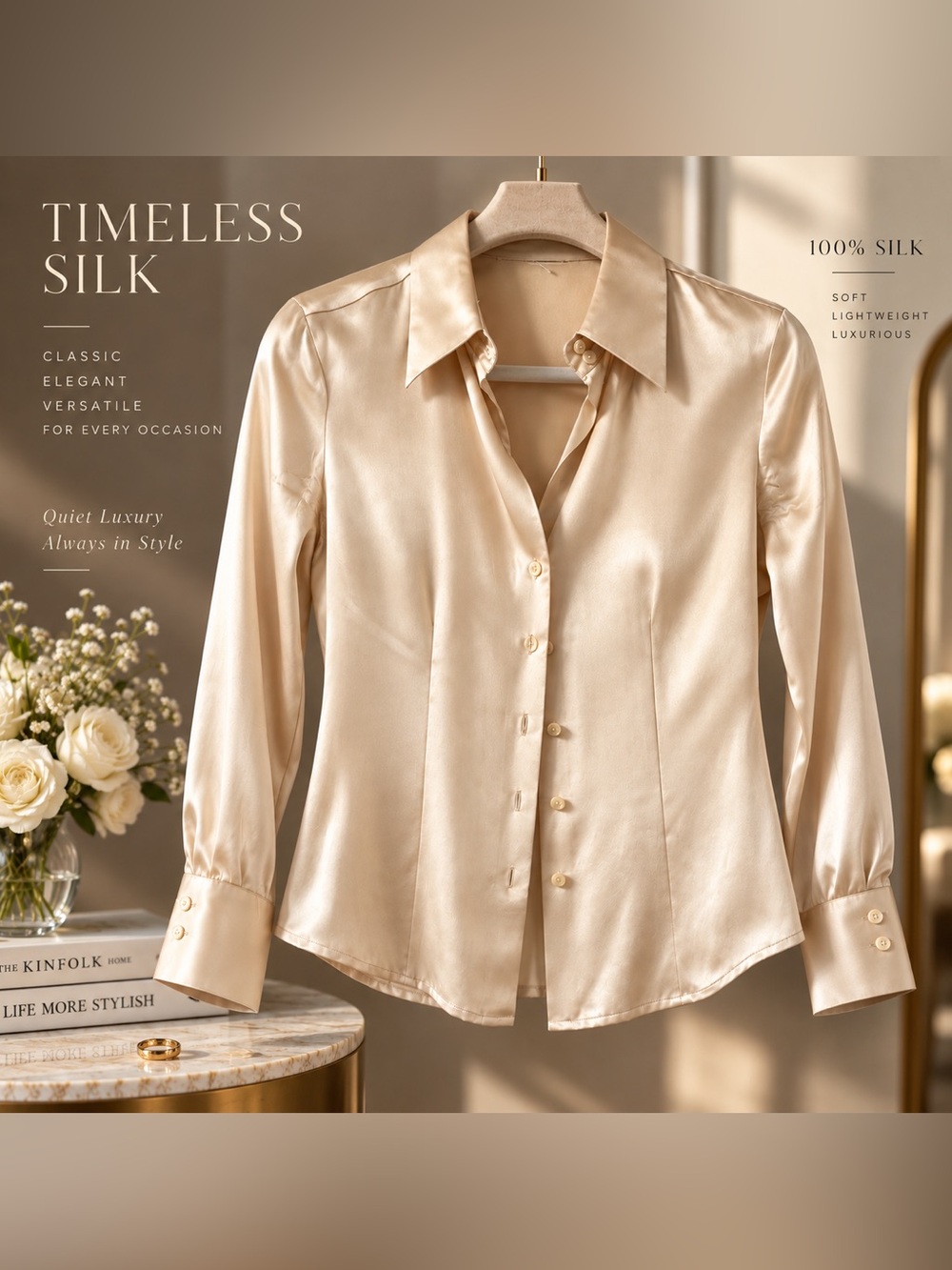 100% Silk Champagne Satin Button Down Blouse Long Sleeve